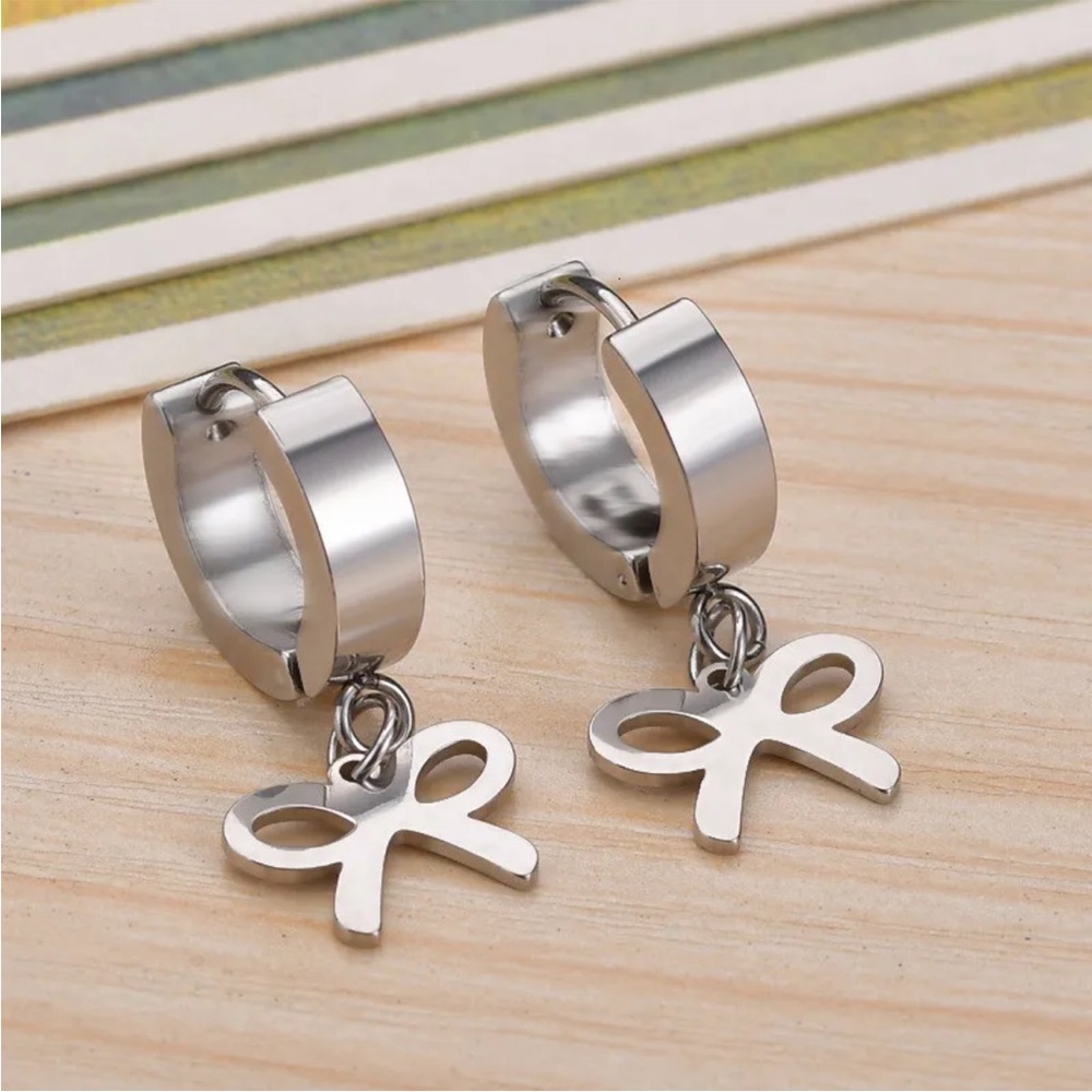 Hypoallergenic Stainless Steel Bow Tie Huggy Hoop Earrings NEW